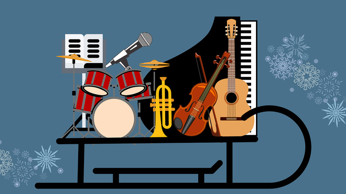 Ein Schlitten voller Musikinstrumente wie Schlagzeug, Klavier, Gitarre und Trompete vor blauem Hintergrund mit Schneeflocken.