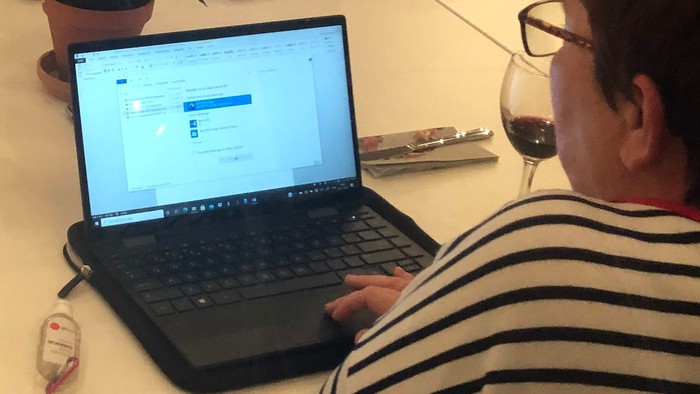 En gruppe af voksne sidder ved et bord med vin og en laptop.