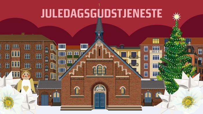 Jul i bymiljø med kirke og juletree