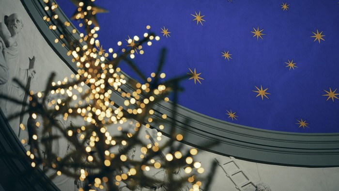 Et smukt pyntet juletræ står under et blåt loft, der er prydet med gyldne stjerner.