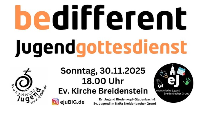 Plakat für eine Veranstaltung mit dem Titel *„bedifferent Jugendgottesdienst“* am **30.11.2025 um 18:00 Uhr** in der **Ev. Kirche Breidenstein**, mit einem geschmückten Weihnachtsbaum und einem Hasen als Motiv.