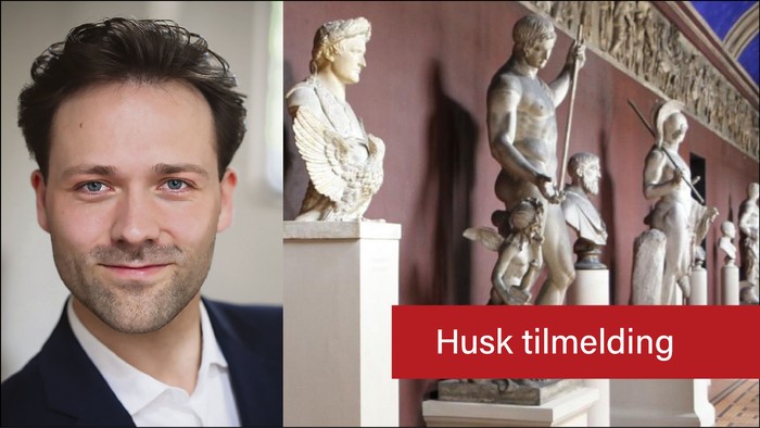 Mand og statuer med teksten 