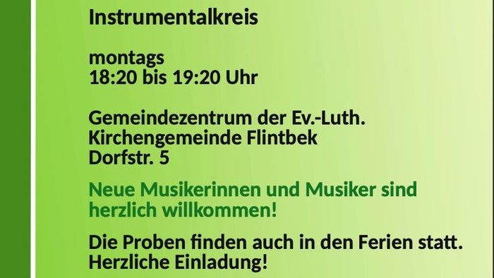 Plakat zur Werbung für eine wöchentliche Musikinstrumenten-Übungsgruppe für alle Spielstärken in Flintbek.