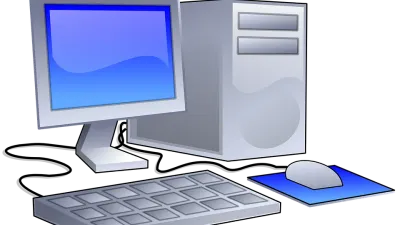 En 3D-illustretion af en computer med skærm, tastatur og mus.