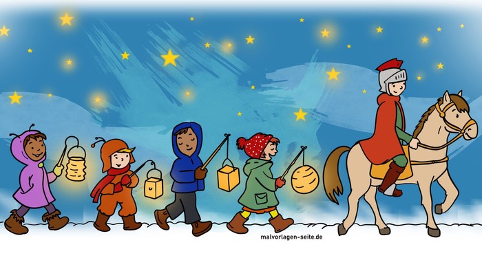 Eine Gruppe von Kindern zieht mit Laternen und einem Jungen auf einem Pferd durch eine winterliche Landschaft unter einem sternenklaren Himmel