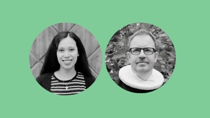 To personer i cirkulære rammer mod grøn baggrund.