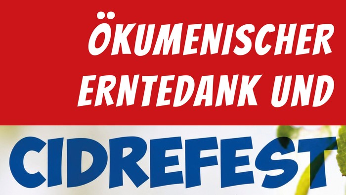 Ökumenisches Erntedank- und Apfelweinfest-Plakat mit festlichem Design.