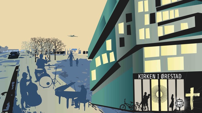 Bygning med skilt 'Kirken Ørestad' i en vinterlandskab