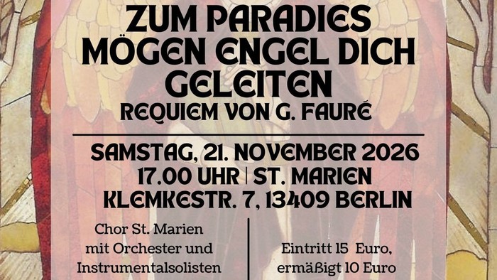 Plakat kündigt ein Requiem-Konzert von G. Fauré am 21. November 2026 in Berlin mit Chor und Orchester an.