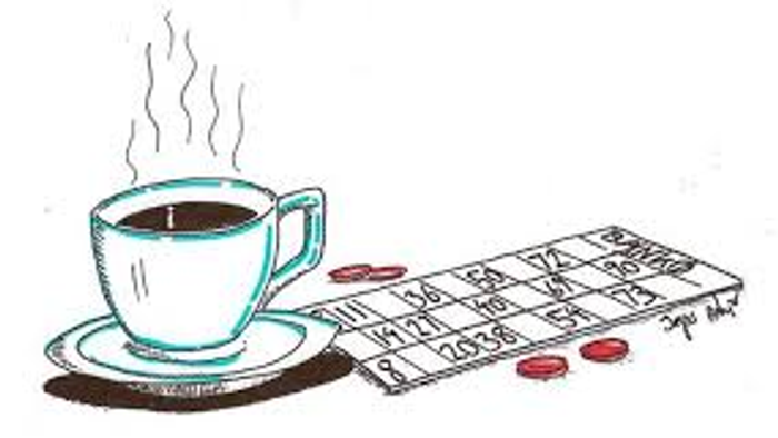 En tegning af en blå tekanke med damp og en skridtspil med røde og sorte felter.