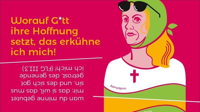 Das Plakat wirbt für eine Pilgerinnenreise in die Schweiz und zeigt eine illustrierte Frau mit Sonnenbrille und grünem Kopftuch.