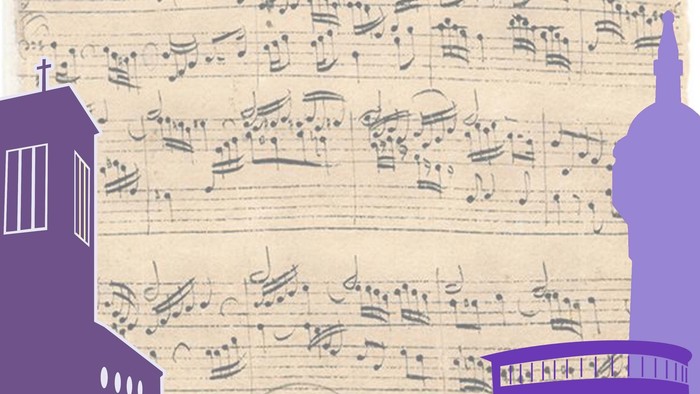 Das Bild zeigt eine Notenseite mit handschriftlichen Notizen und zwei Kirchengebäuden im Hintergrund