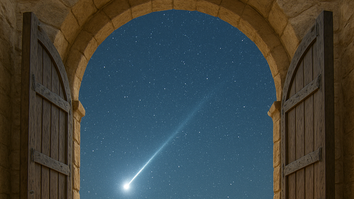 Man sieht eine hell strahlende Sternschnuppe am Nachthimmel, eingerahmt durch einen alten gemauerten Torbogen, dessen beide Torflügel geöffnet sind.