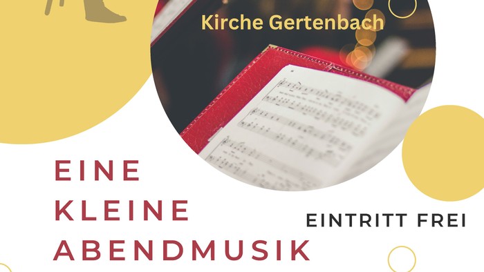 Plakat, das ein kostenloses kleines Konzert mit Kirchenchor bewirbt, mit musikalischen Instrumenten und Veranstaltungsdetails.