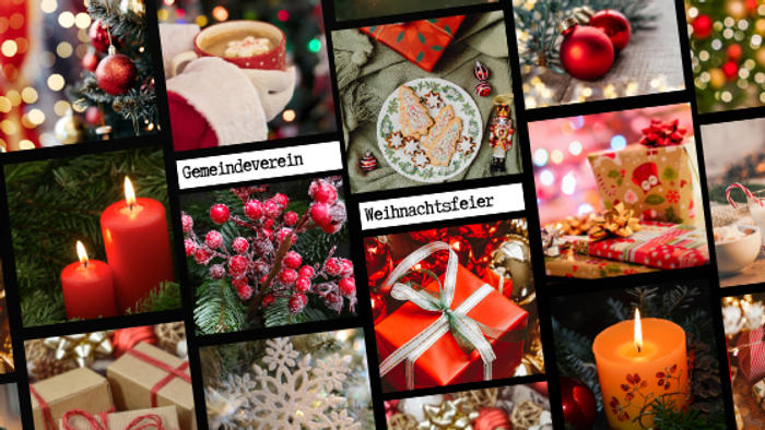 Das Bild zeigt verschiedene Weihnachtsmotive wie Geschenke, Kerzen, Plätzchen und festliche Dekorationen.