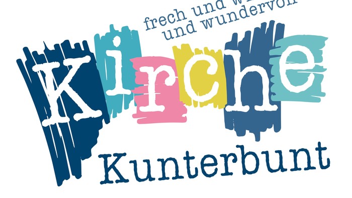 Bunter und kreativer Schriftzug "Kirche Kunterbunt" mit den Worten "fresh und wild und wundervoll".