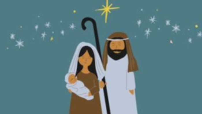 Ein Mann und eine Frau mit Baby bei einem Sternenhimmel
