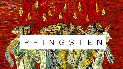 Das Bild zeigt eine farbenfrohe Darstellung von Menschen vor einem roten Hintergrund mit dem Wort "Pfingsten" in der Mitte.