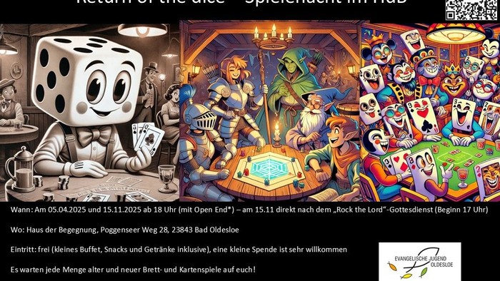 Poster für Spieleveranstaltung "Return of the dice" mit großem Würfel und farbenfrohem Illustrationen, Termine und Ort angegeben