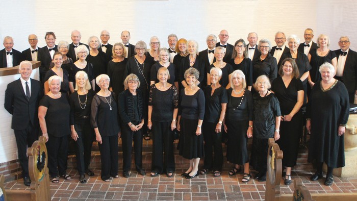 En gruppe af mænd og kvinder i formel klædning samlet til et foto.