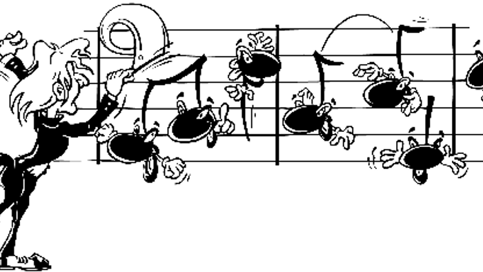 Ein Mann tanzt ausgelassen auf Notenlinien.