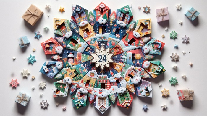 Ein Adventskalender in Schneeflockenform mit vielen kleinen Geschenkboxen und Sternen.