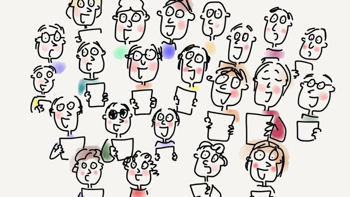 Eine Zeichentrickdarstellung einer Gruppe von Menschen, die verschiedene Aktivitäten ausführen.