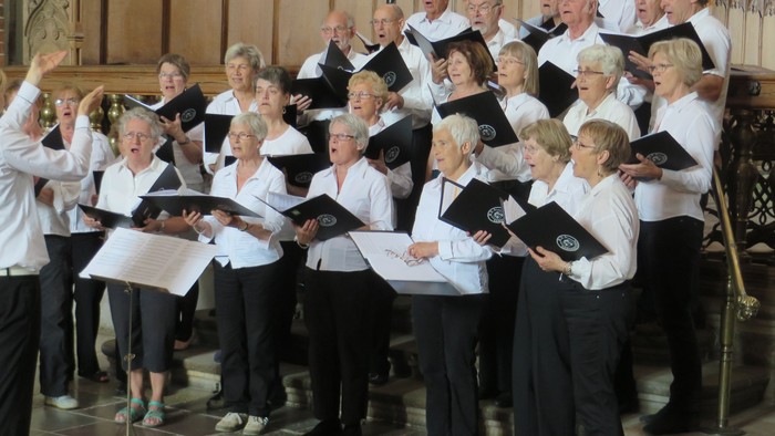 En kor, ledet af en dirigent, synger i en kirke.