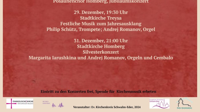 Plakat für Konzerte und Veranstaltungen im Dezember 2024 im Bezirkskantorat Homburg.