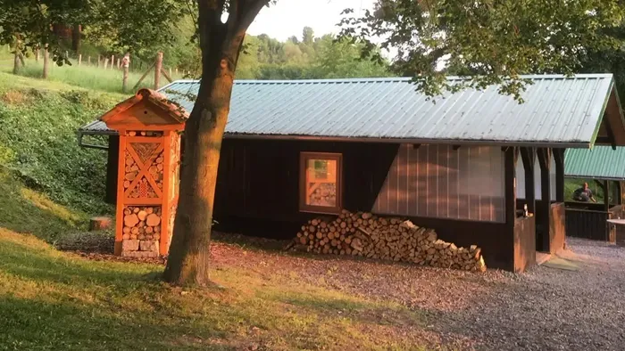 Holzschild und Schuppen in ländlicher Umgebung mit Bäumen und Holzstämmen