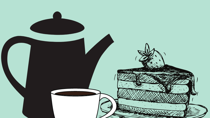 Illustret med teekande og kage med teksten