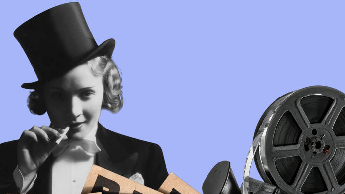 Vintage-collage med en kvinde i 1920'er-stil, bingokort og en gammel filmkamerarulle.