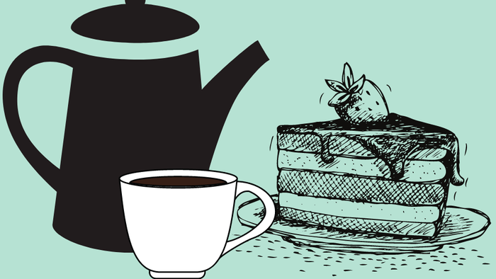 Illustret med teekande og kage med teksten 