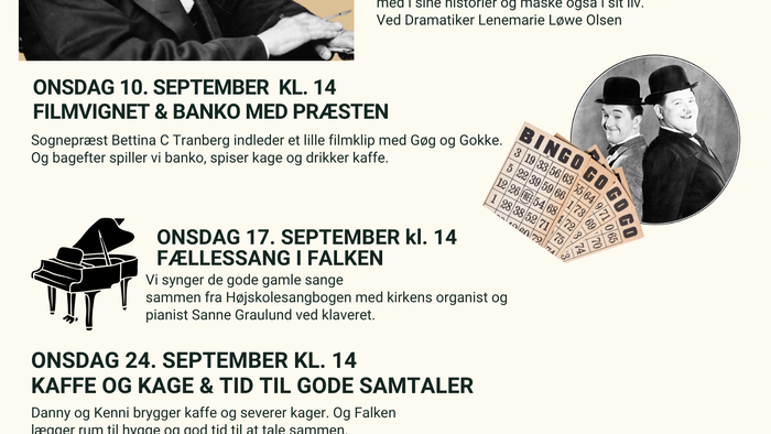 Program for seniortræf med foredrag, film, koncerter og kaffe.