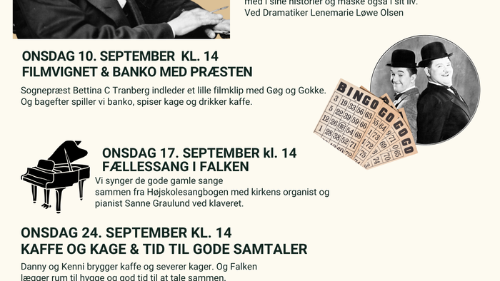 Program for seniortræf med foredrag, film, koncerter og kaffe.