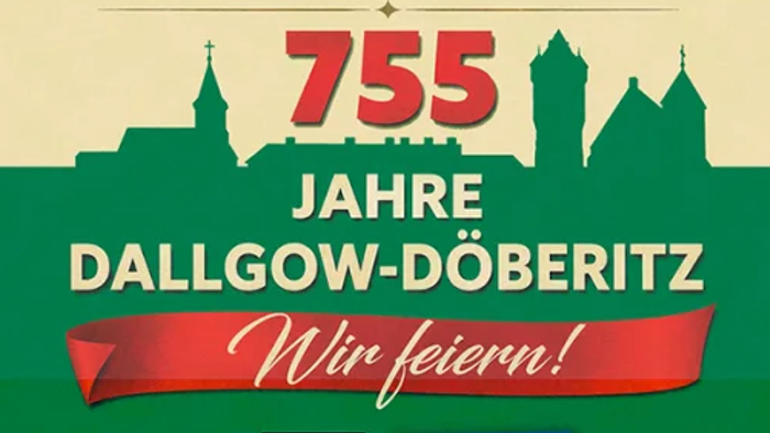 Jubiläumsplakat zur 755-Jahr-Feier von Dallgow-Döberitz mit Details zum Pendelverkehr.