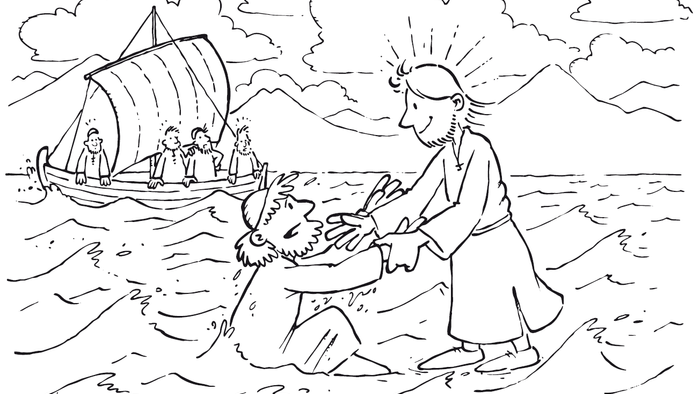 Ein Mann heilt einen Kranken am Strand, während ein Segelschiff im Hintergrund ankert.