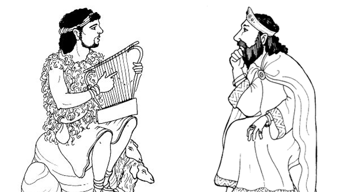 Zwei Männer in antiken Gewändern, einer spielt Harfe, der andere hört zu.