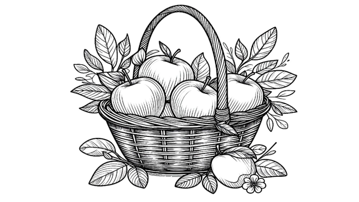 Ein Korb mit Äpfeln und Blättern