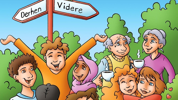 En gruppe af børn og unge står sammen under et skilt med 