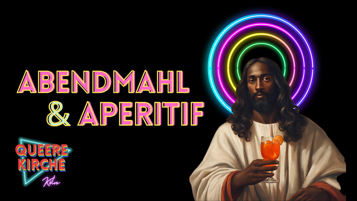 Bild: Jesus mit Bier, Neon-Schriftzug "ABENDMAHL & APERITIF"