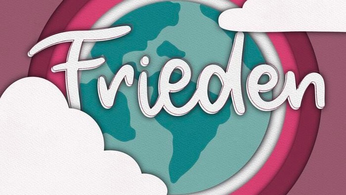 Ein stilisierter Globus, umgeben von Wolken, mit dem Wort *„Frieden“* in eleganter Schrift.