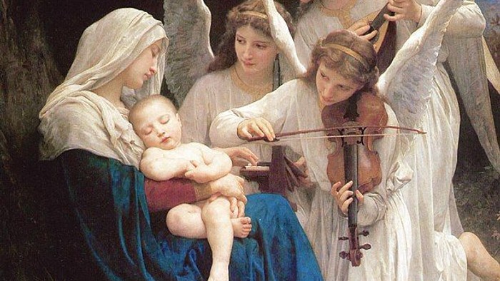En madonna med barn omgives af tre engle, der spiller musik.