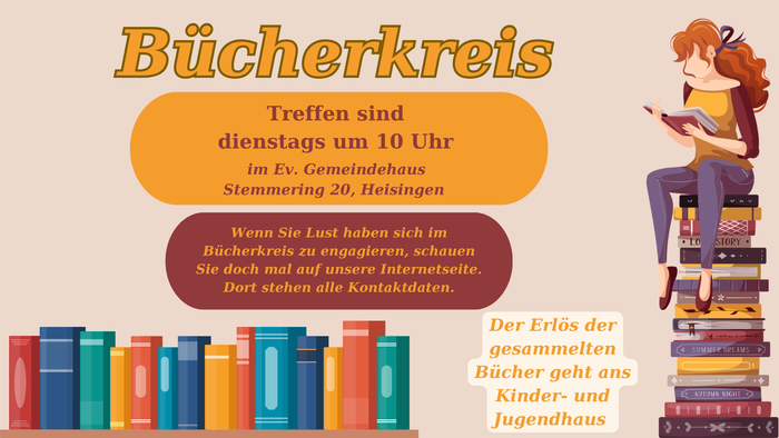 Plakat für Buchclub-Treffen auf Deutsch mit Treffdetails, Bücherstapel und Spendeninformationen für ein Kinderheim.