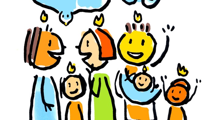 Eine Familie mit Eltern und drei Kindern unter einem Vogel und einem Sonnenkopf stehend