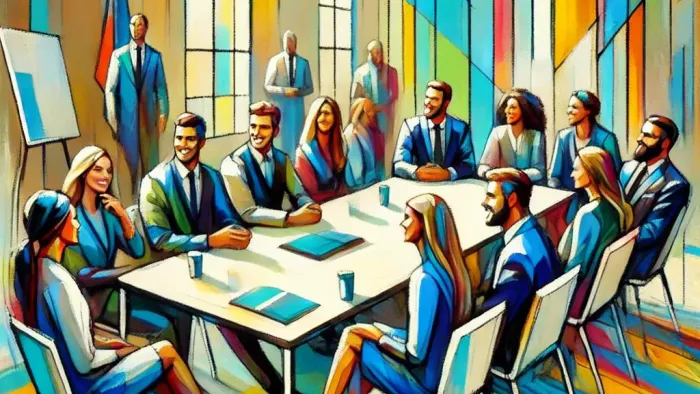 En gruppe af mennesker har et møde i et farverigt og lyset fylt rum med et kors på væggen.