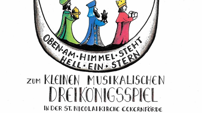 Das Bild zeigt ein Logo für ein musikalisches Dreikönigsspiel, veranstaltet von einer Kirchengemeinde.