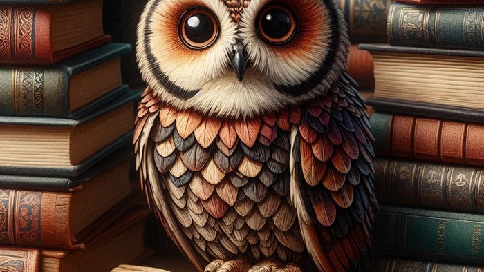 Eule sitzt auf einem Buchstapel vor vielen Büchern