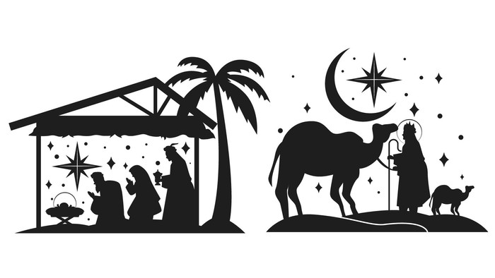 Vier Silhouetten von Weihnachtskrippe-Szenen mit Engeln und Sternen
