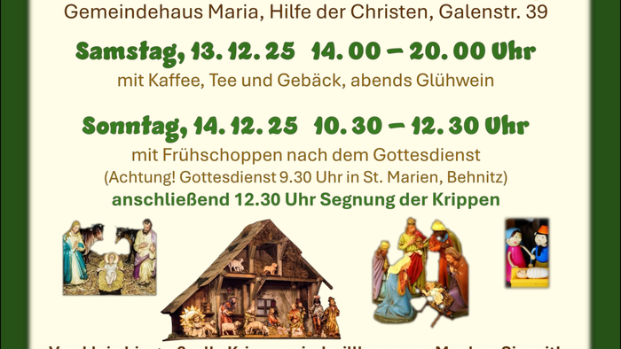 Plakat für eine Weihnachtsausstellung mit Krippenszenen, Daten und Uhrzeiten